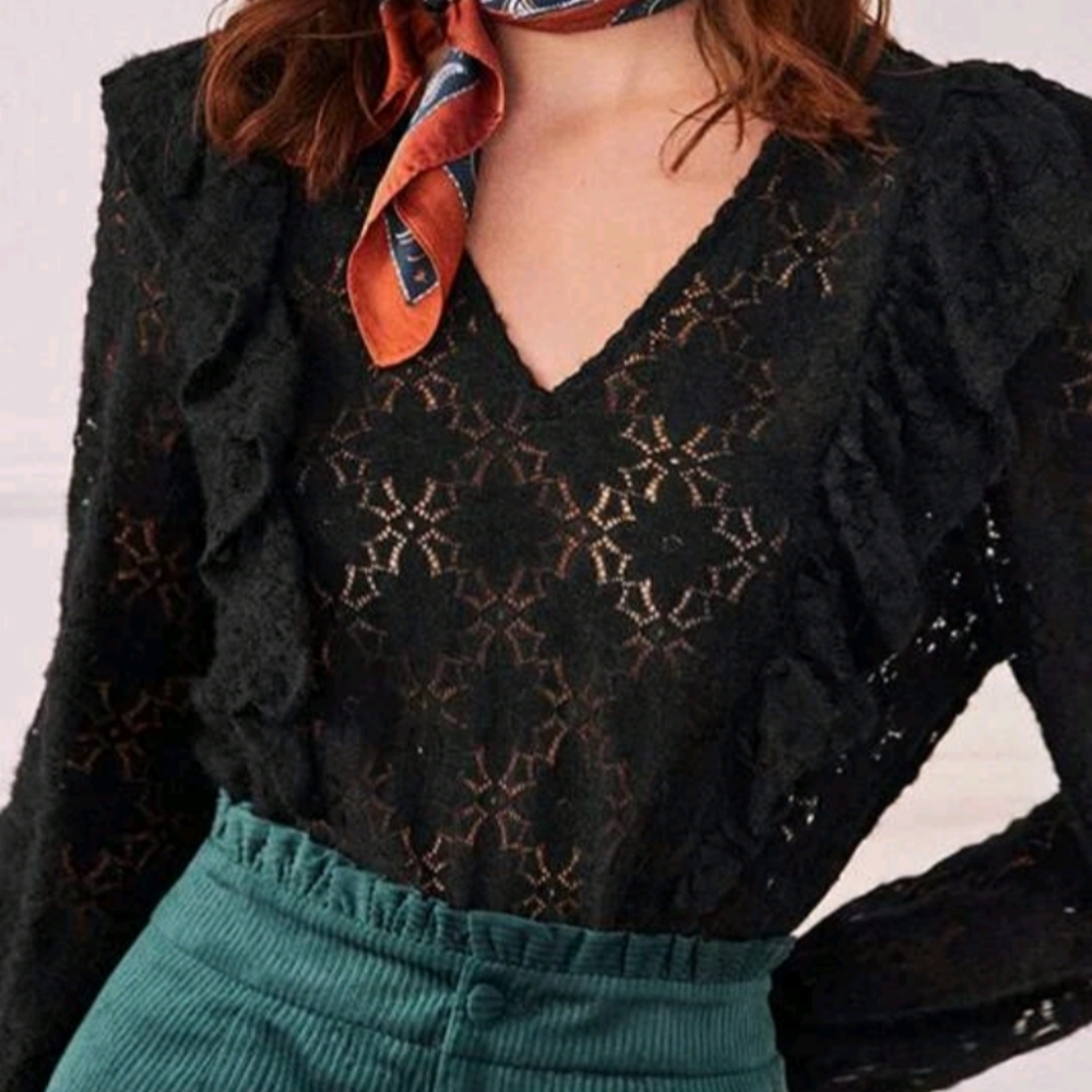 Sheer lace crotchet top soft Black frills gothic goth long sleeve blouse Grunge